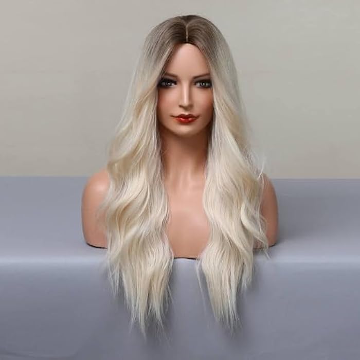 Premium Long Platinum Blonde Wavy Synthetic Wig, Heat Resistant Fiber, Natural Looking Side Part, Cosplay Costume Party